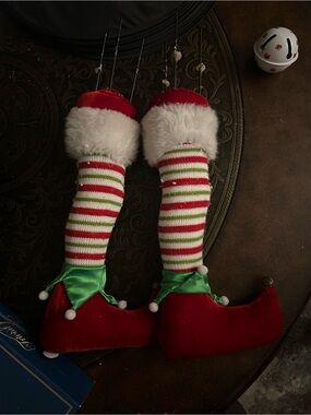 Holiday Elf Leg with Prongs in Red, Green & White - Festive Home Accent